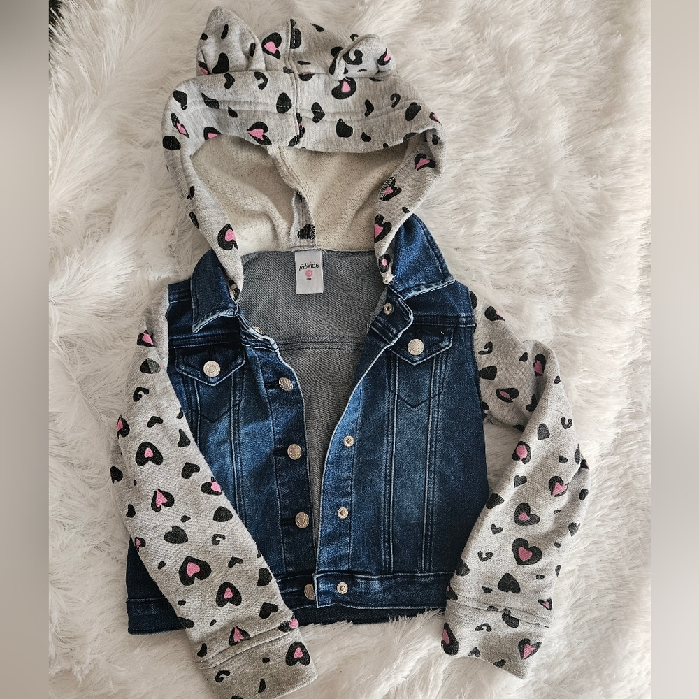 Fabkids Denim Jacket with Heart leopard Print Sleeves